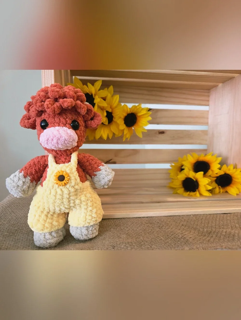 Plush Sunflower Overalls Stuffed Cow - Yellow and Rust Kids Accessory